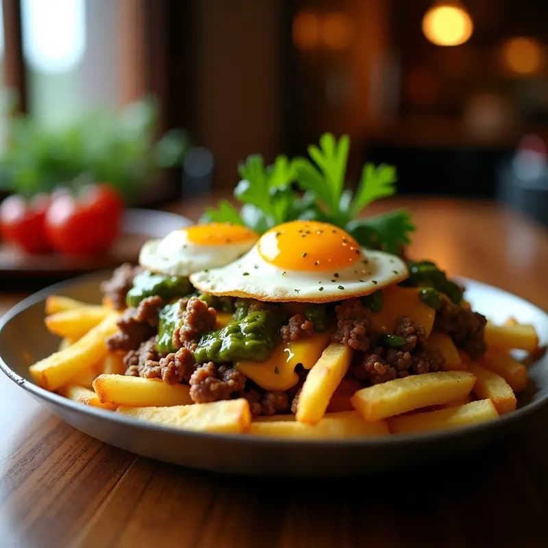 Chimichurri Fries: Patatas Fritas con Carne, Queso, Huevos y Salsa Chimichurri