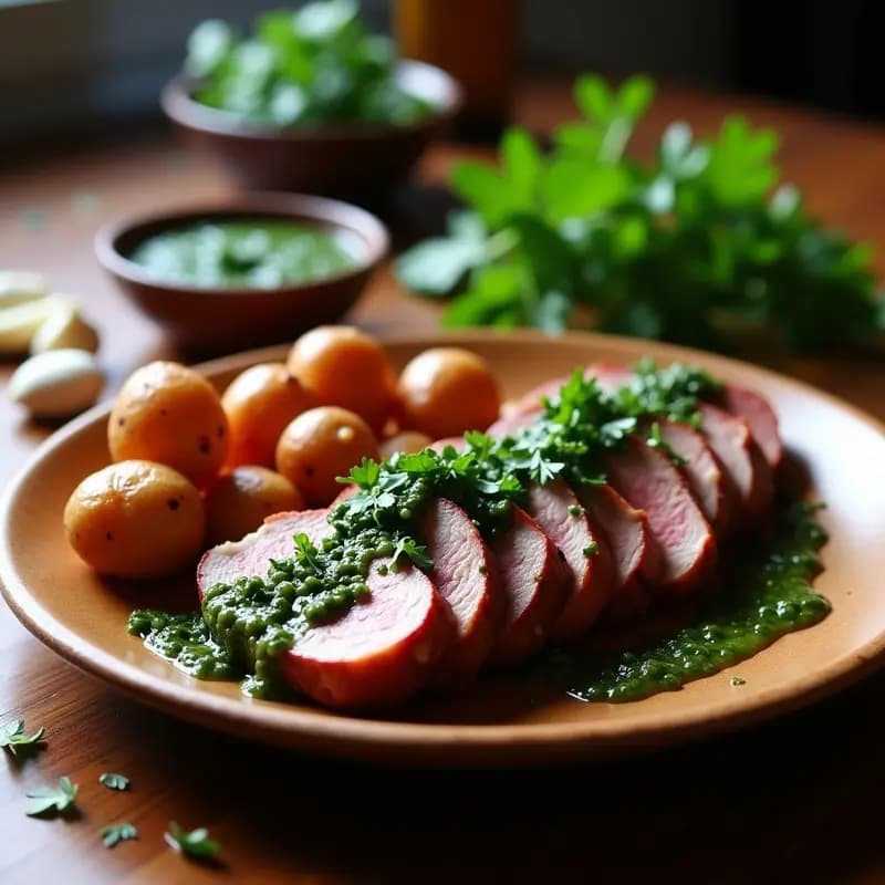 Chimichurri Argentino de Lomo y Papas: Receta de Parrilla con Salsa Fresca de Perejil y Vinagre