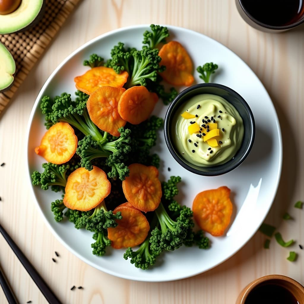 Chips de Col Rizada al Ahumado con Dip de Aguacate y Limón Yuzu: Snack Japonés en Airfryer