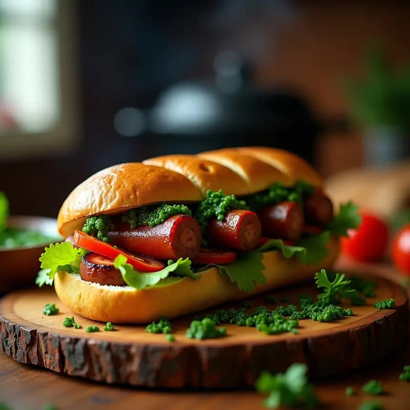 Choripán Argentino con Chimichurri: Sándwich de Chorizo a la Parrilla y Salsa Verde
