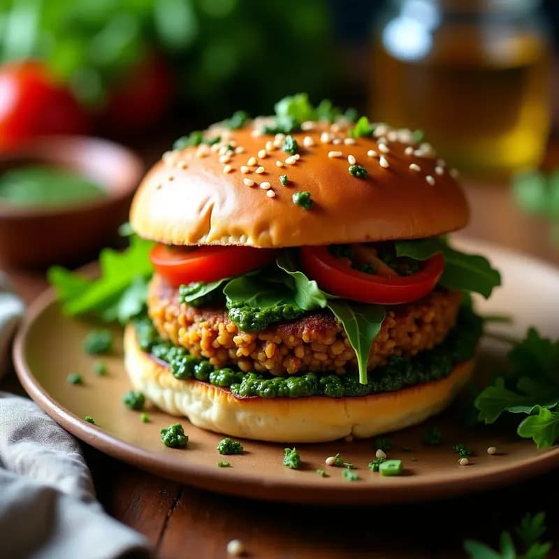 Choripán Argentino de Lentejas y Chimichurri Vegano: Hamburguesa de Autor Sin Carne