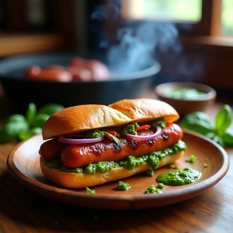 Choripán Argentino con Chimichurri de Albahaca: Sandwich Rápido y Sabroso