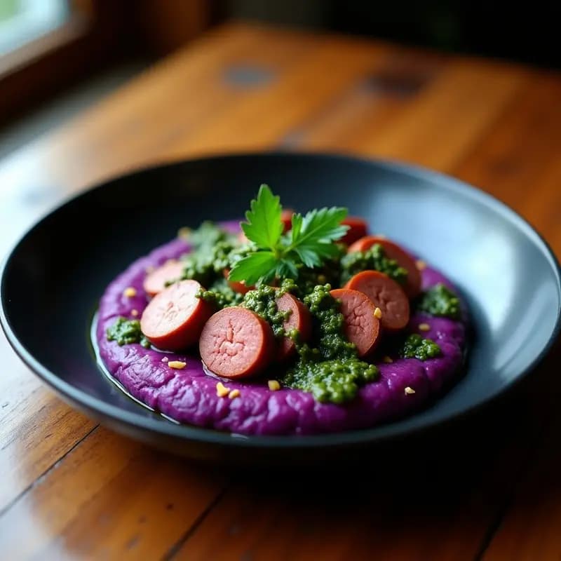 Chorizo Criollo con Chimichurri y Puré de Camote Morado: Receta Argentina en Olla Lenta