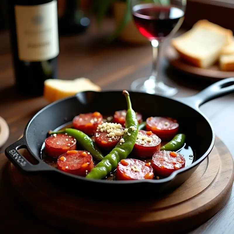 Chorizo al Vino con Pimientos del Padrón: Tapa Española Picante y Rápida en Sartén
