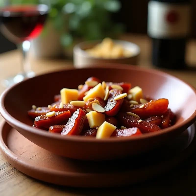 Chorizo al Vino Tinto con Dátiles y Queso Manchego: Tapa Española Dulce-Salada en Olla