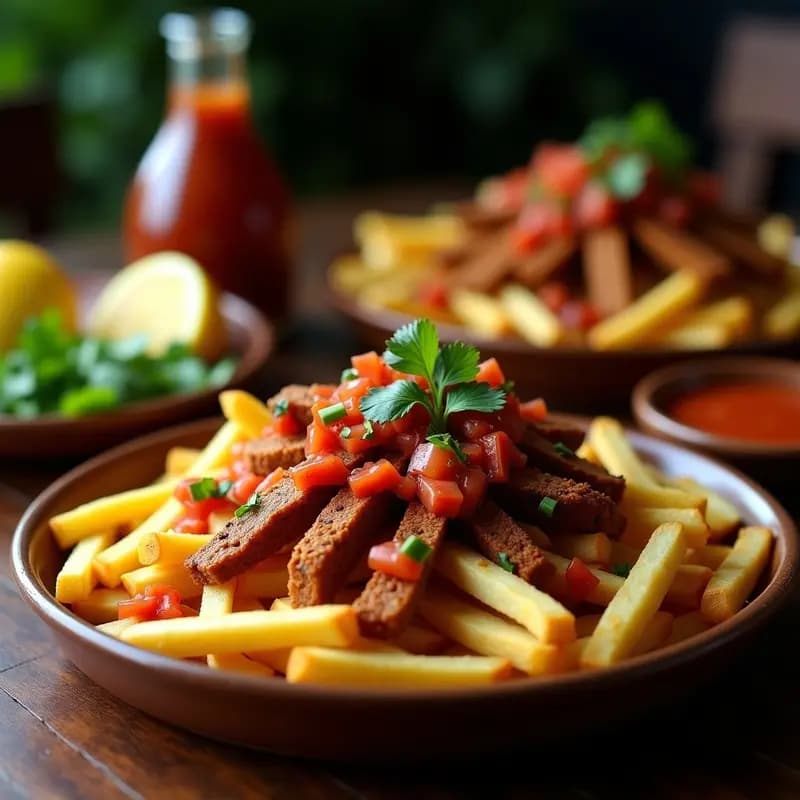 Chorrillana Chilena Vegana: Papa Frita con Salsa Criolla y Seitán