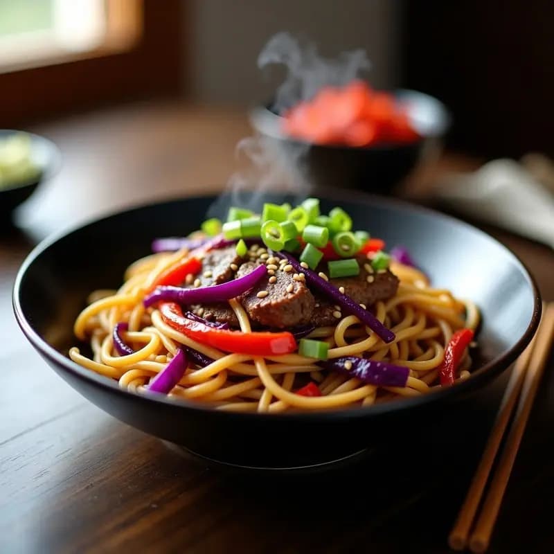 Chow Mein de Ternera y Repollo Morado: Fideos Chinos Salteados en Wok en 20 Minutos