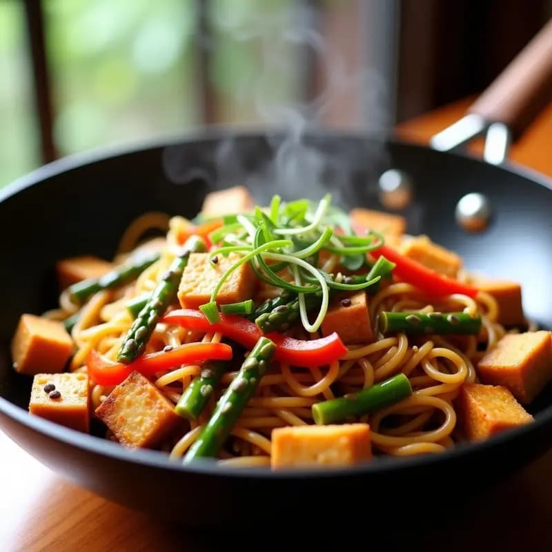 Chow Mein de Fideos de Arroz y Tofu Ahumado: Receta China Vegana con Verduras de Temporada