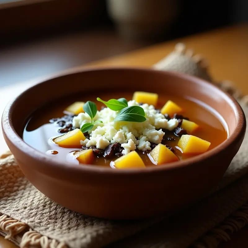 Chuño Cola Boliviana: Sopa de Papa Deshidratada con Queso Fresco y Hierbabuena