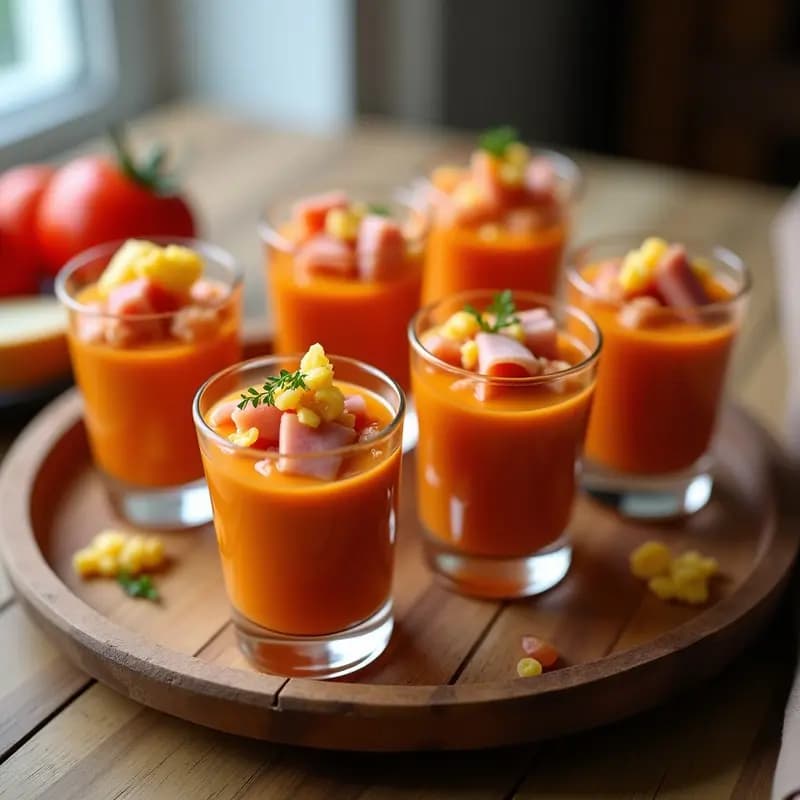 Chupitos de Salmorejo con Jamón y Huevas: Tapa Fría en Vasito