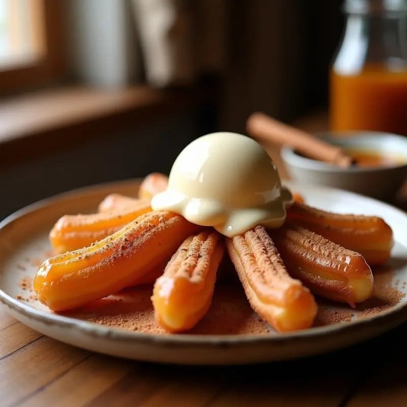 Churros Rellenos de Cajeta y Helado de Vainilla: Postre Español-Mexicano para Freír o Airfryer
