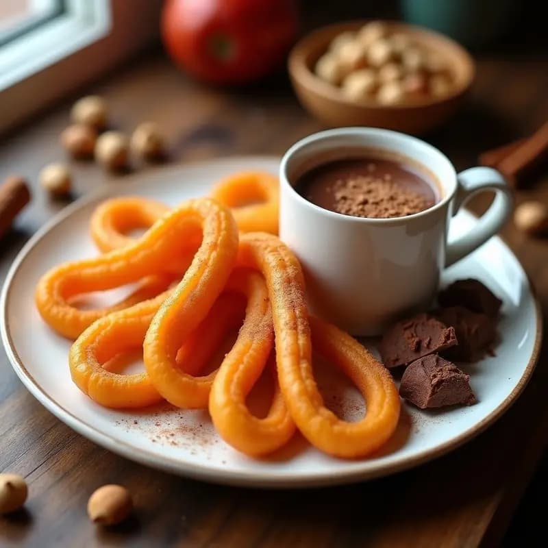 Churros de Camote con Chocolate Caliente de Avellanas: Postre Peruano Sin Harina
