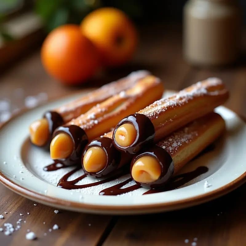 Churros de Chocolate con Relleno de Dulce de Leche y Coimbre: Dulce Tentación al Cuadrado