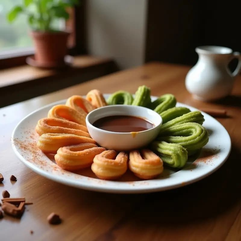 Churros de Chocolatería con Salsa de Chocolate Caliente y Churros de Matcha: Postre Español Fusionado