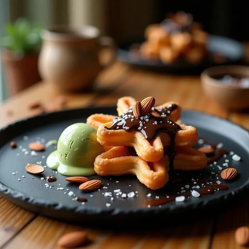 Churros Españoles con Chocolate Negro y Helado de Matcha: Postre Fusion Dulce-Salado