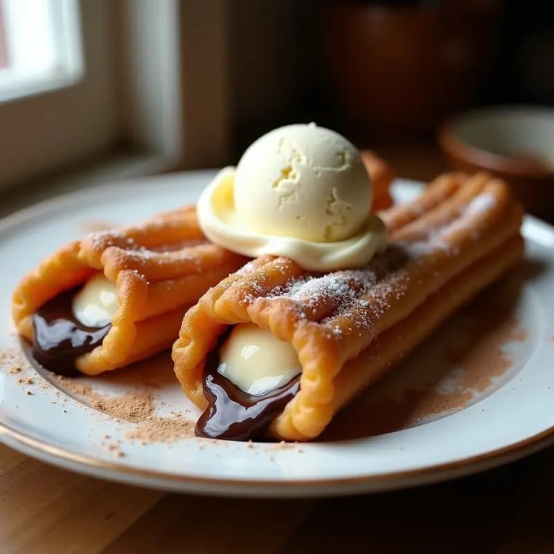 Churros Rellenos de Chocolate Líquido y Queso Crema, Espolvoreados con Azúcar y Canela, y Acompañados de Helado de Vainilla