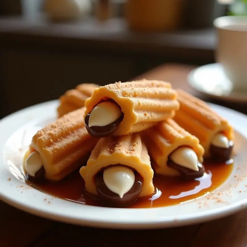 Churros Rellenos de Chocolate y Queso Crema con Salsa de Caramelo: Dulce Tentación Irresistible