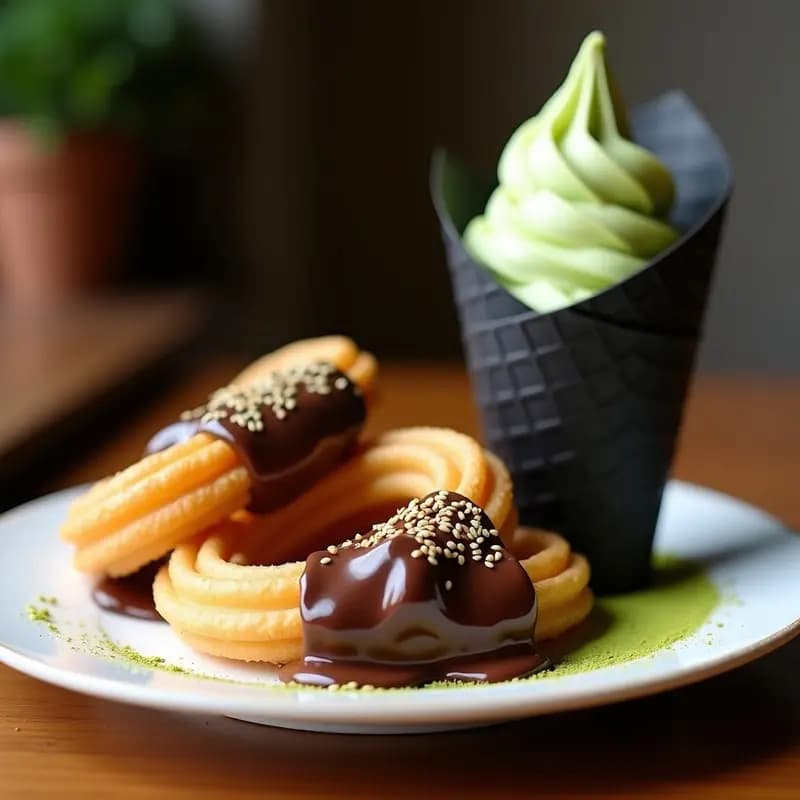 Churros de Chocolato con Helado de Matcha: Postre Español-Japonés Fusionado