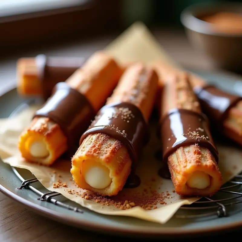 Churros Rellenos de Dulce de Leche y Bañados en Chocolate: Postre Callejeros Gourmet