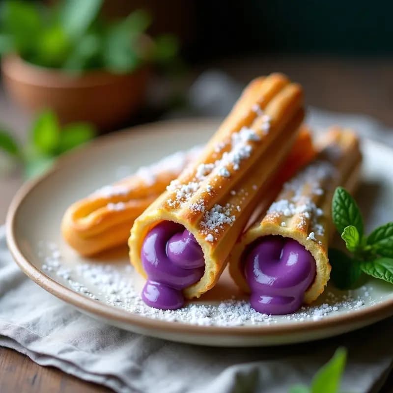 Churros de Matcha Rellenos de Crema de Ube: Postre Filipino Vegano y Colorido