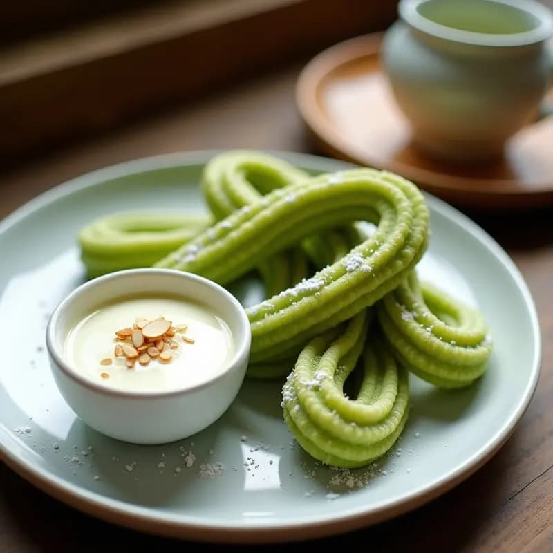 Churros de Matcha con Salsa de Chocolate Blanco: Postre Japonés Innovador