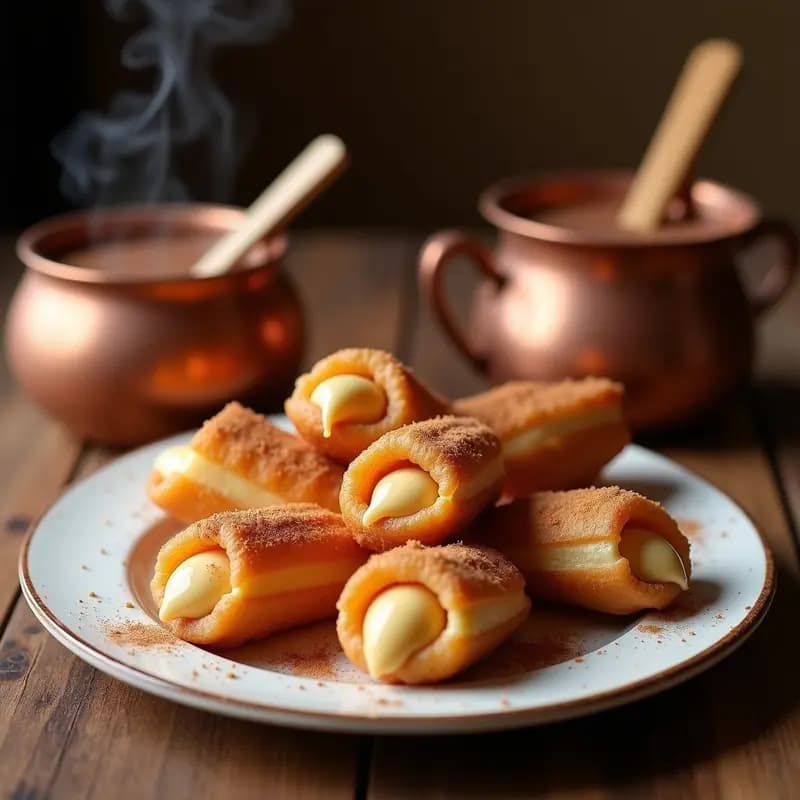 Churros Colombianos Rellenos de Arequipe: Postre Crujiente con Chocolate Caliente