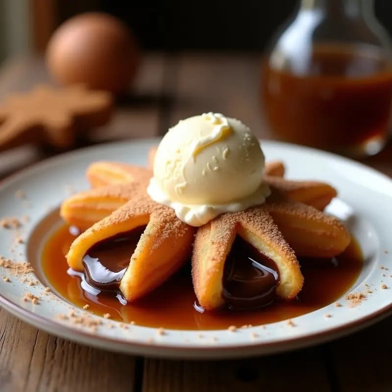 Churros Rellenos de Chocolate con Helado de Vainilla y Sirope de Caramelo: Postre Callejero Reinventado