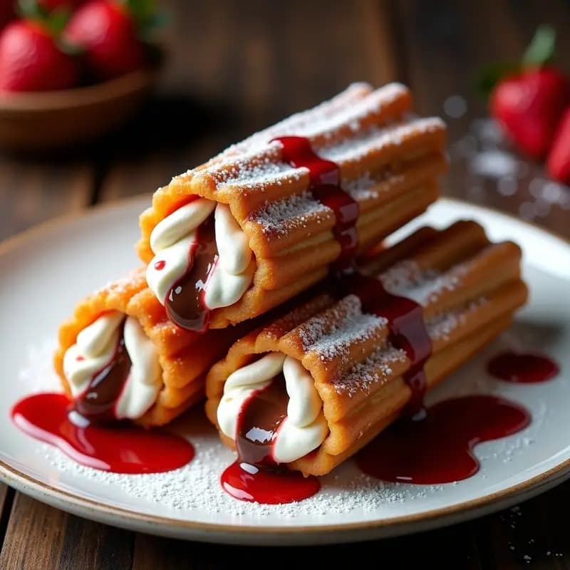 Churros Rellenos de Chocolate y Nata con Sirope de Fresa: Postre Crujiente para Días Especiales
