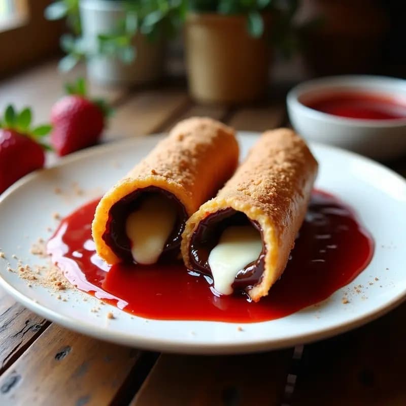Churros Rellenos de Chocolate y Queso Crema Bañados en Salsa de Fresa: Postre Español Decadente