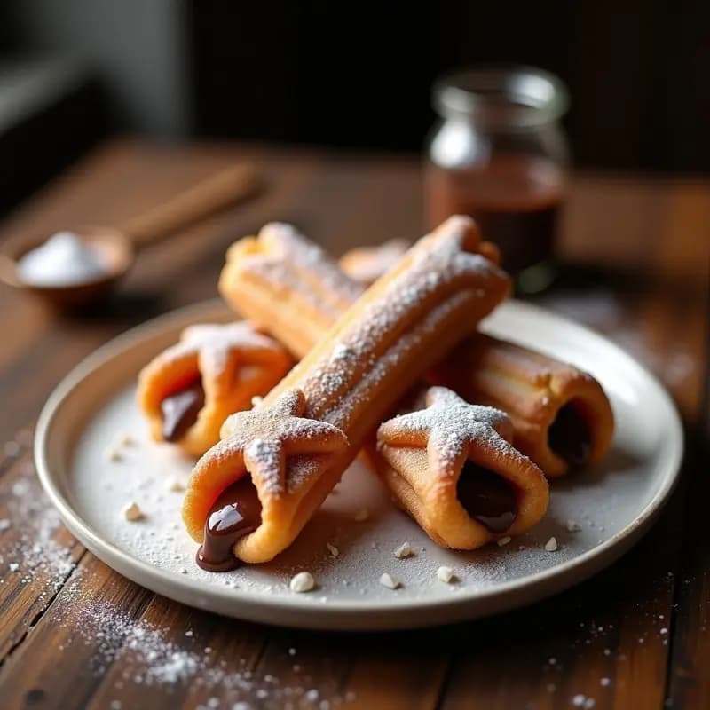 Churros Rellenos de Nutella y Espolvoreados con Azúcar Glas: Postre Crujiente que Hipnotiza