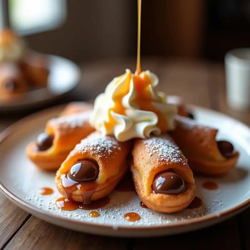 Churros Rellenos de Nutella y Nata con Sirope de Caramelo: Postre Español Ultra Dulce