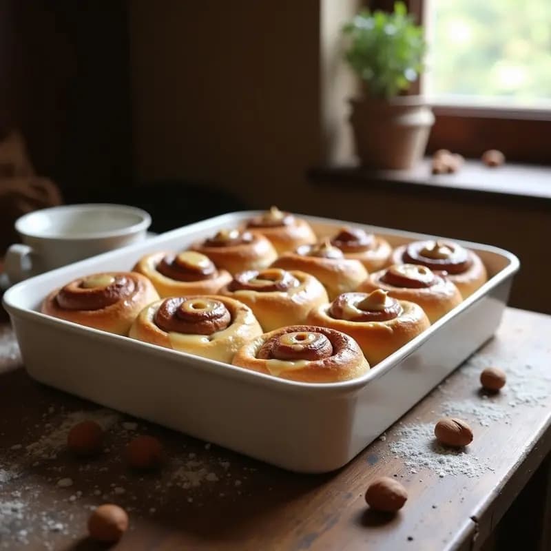 Cinnamon Rolls Rellenos de Crema de Avellanas y Cubiertos de Glaseado de Vainilla: Desayuno de Lujo