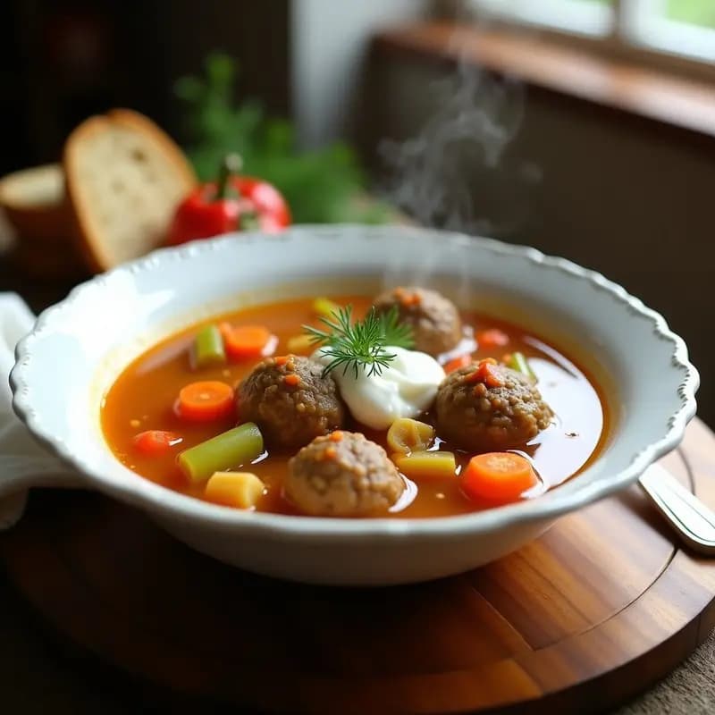 Ciorbă de Perisoare Rumana: Sopa de Albóndigas de Carne con Eneldo y Honrracha