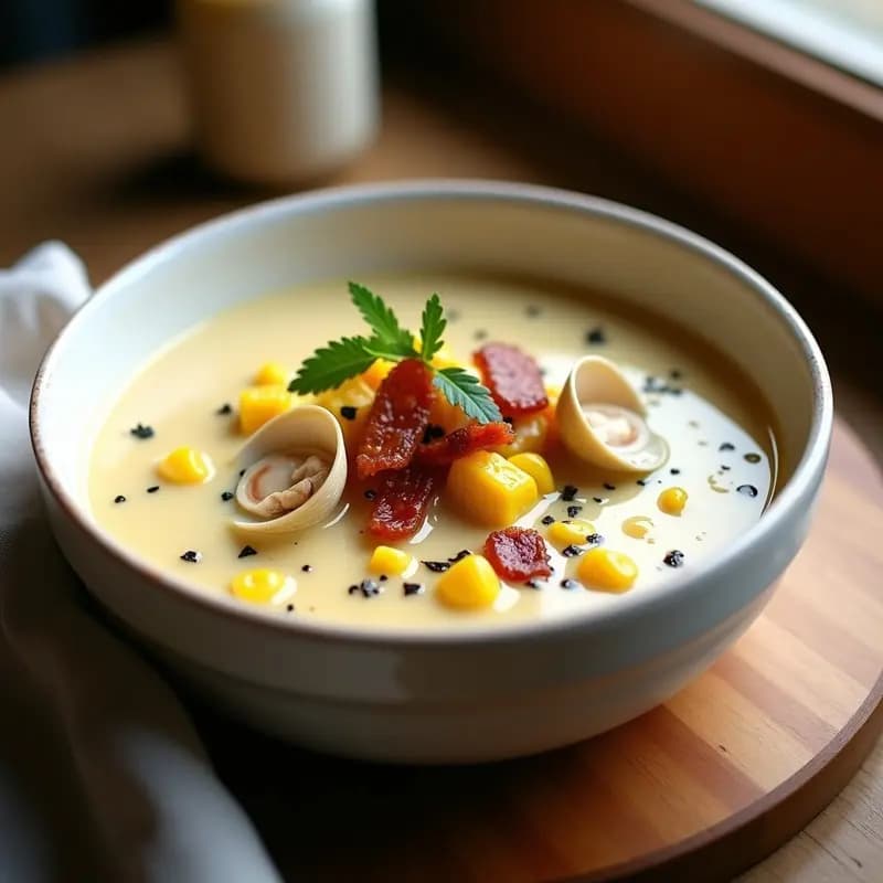 Clam Chowder Americano de Almejas y Maíz: Sopa Cremosa con Tocino de Tempeh