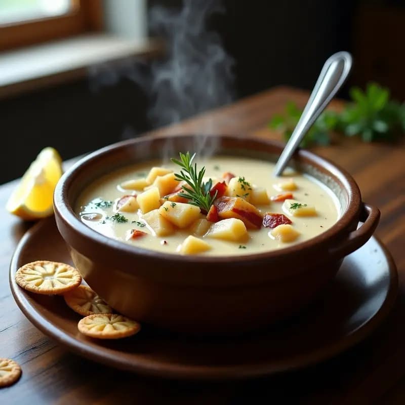 Clam Chowder Nova Escocés: Crema de Almejas y Patatas con Toque Ahumado