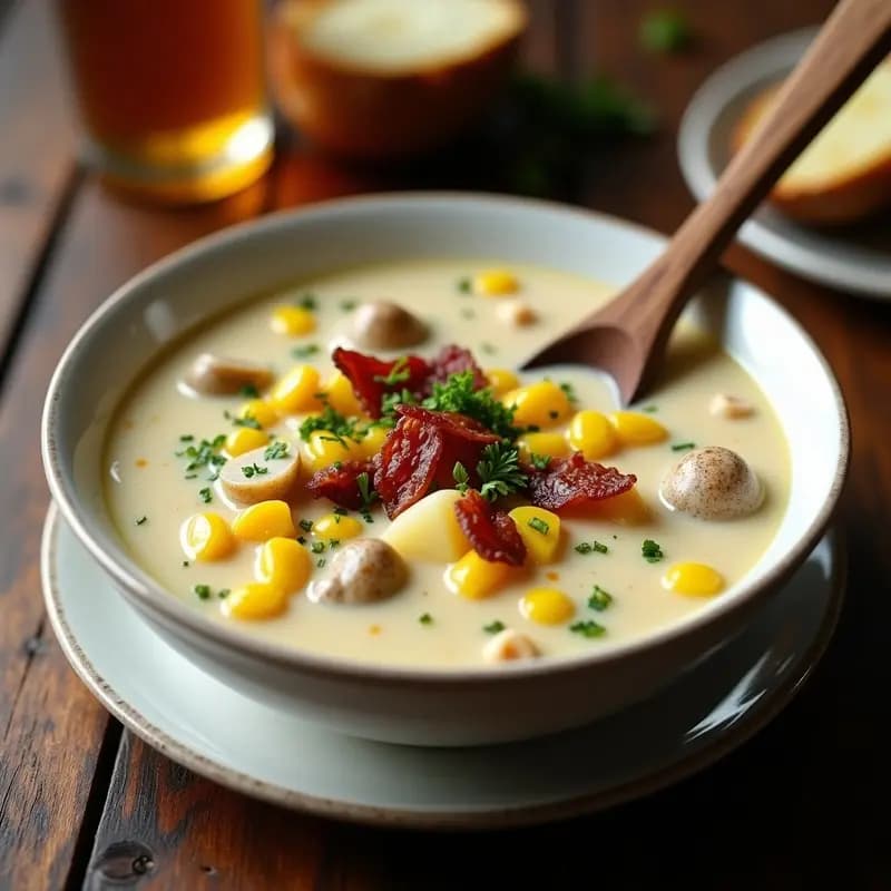 Clam Chowder New England: Sopa Americana de Almejas con Maíz y Tupper
