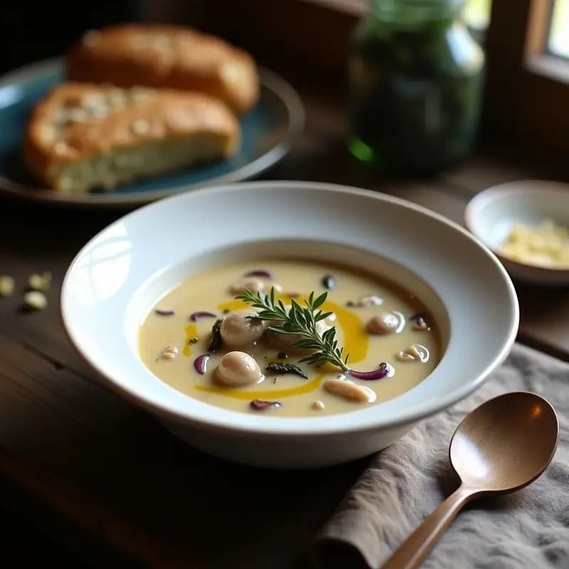 Clam Chowder Vegano: Sopa Americana de Algas y Champiñones con Leche de Anacardos