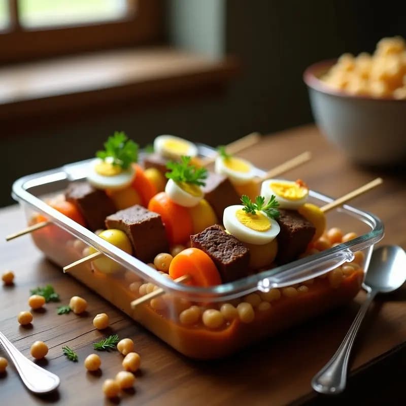 Cocido madrileño desmenuzado en brocheta: Receta de aprovechamiento para tupper