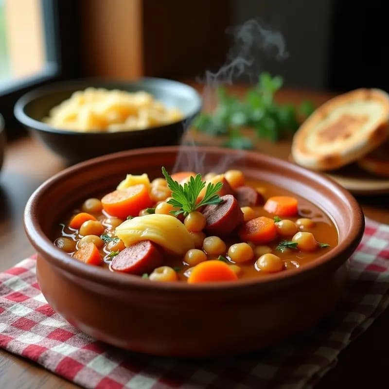Cocido Madrileño en Versión Vegetariana: Con Garbanzos, Repollo y Chorizo de Soja