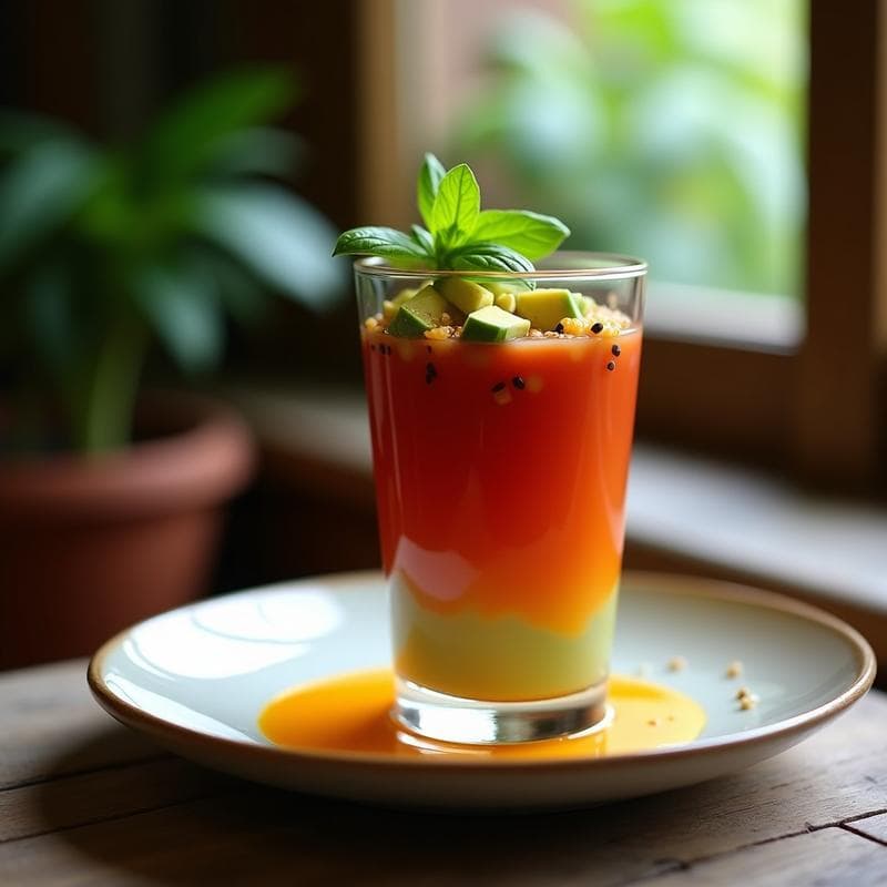 Cocktail de Gazpacho Andaluz con Topping de Aguacate y Vinagreta de Azafrán: Bebida Fría Elegante