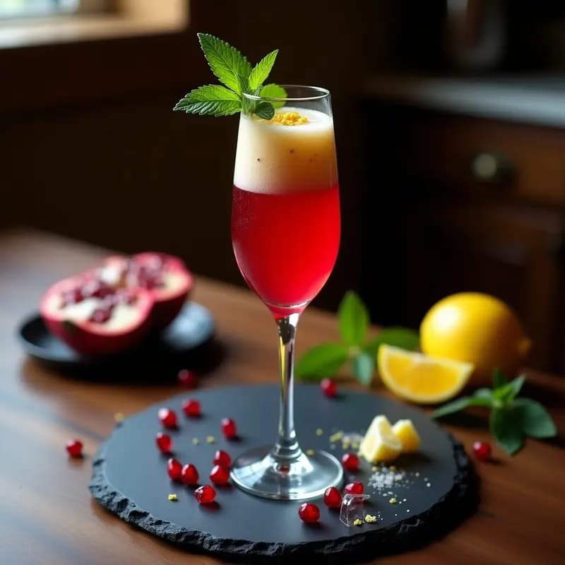 Ramos into the Night: Cóctel Sin Alcohol de Zumo de Granada y Jengibre con Espuma de Limón