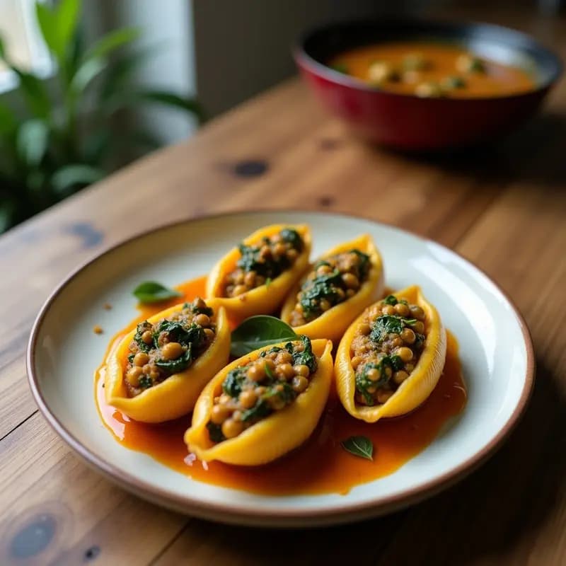 Conchas de Chickpeas Rellenas de Curry de Espinacas: Receta Indiana Crispy en Thermomix