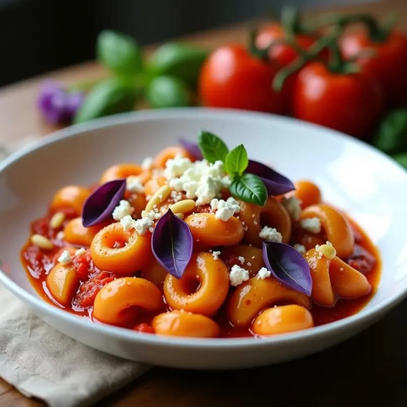 Conchiglie al Pomodoro con Albahaca Morada y Queso de Cabra: Receta Italiana Gourmet en 15 Minutos