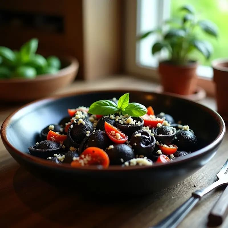 Conchiglie al Pomodoro Nero: Pasta Negra con Tomates Secos y Albahaca