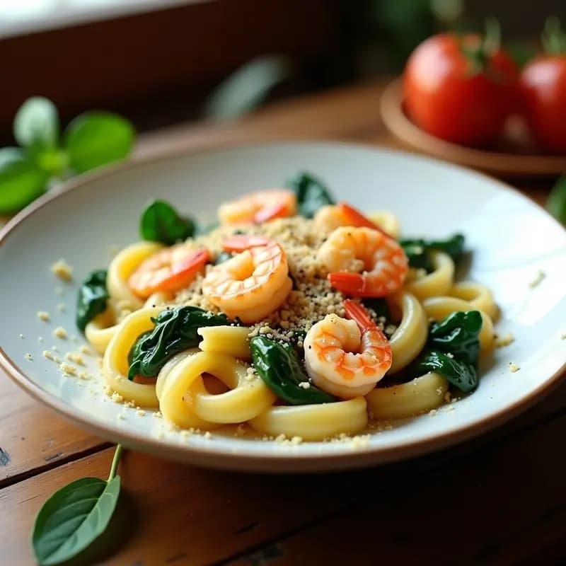 Conchitas a la Parmesana con Espinacas y Gambas: Pasta Italiana Alta en Proteínas