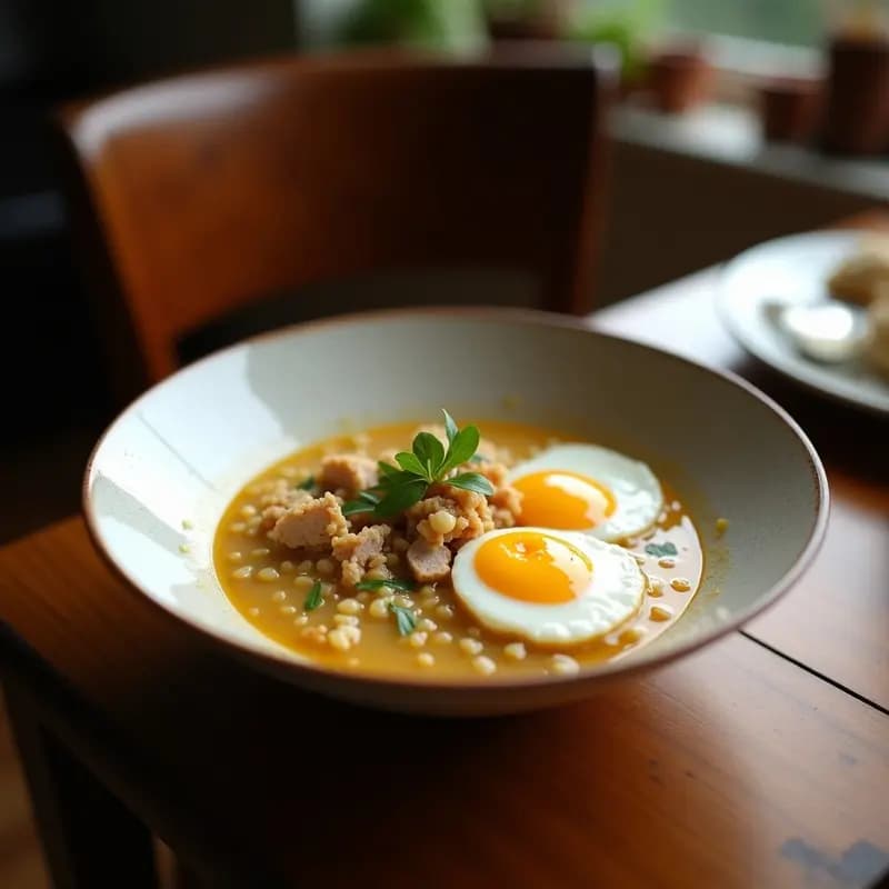 Congee de Cúrcuma y Jengibre con Pollo y Huevos Escabechados: Desayuno Chino Antiinflamatorio