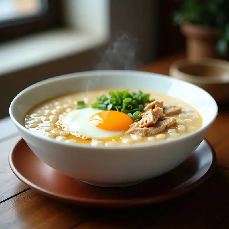 Congee de Jengibre y Pollo: Sopa China Reconfortante con Huevos escalfados y Cebollino