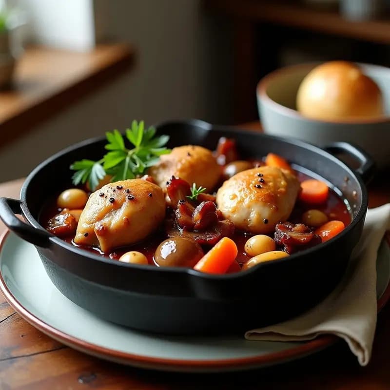 Coq au Vin Francés: Pollo en Vino Tinto con Hongos y Tocino, Receta Tradicional