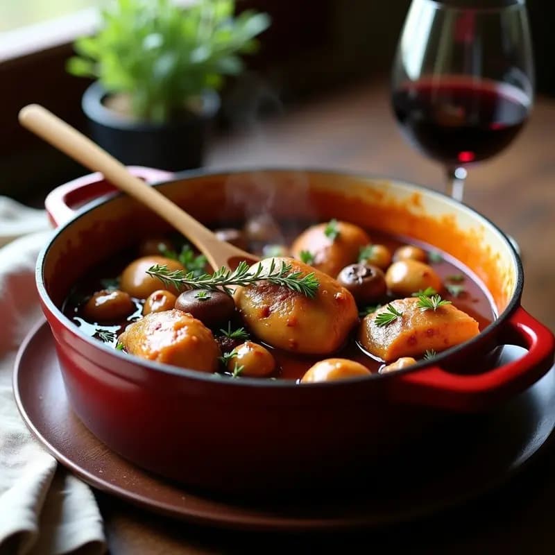 Coq au Vin Francés con Vino Tinto y Champiñones: Estofado Clásico en 2 Horas