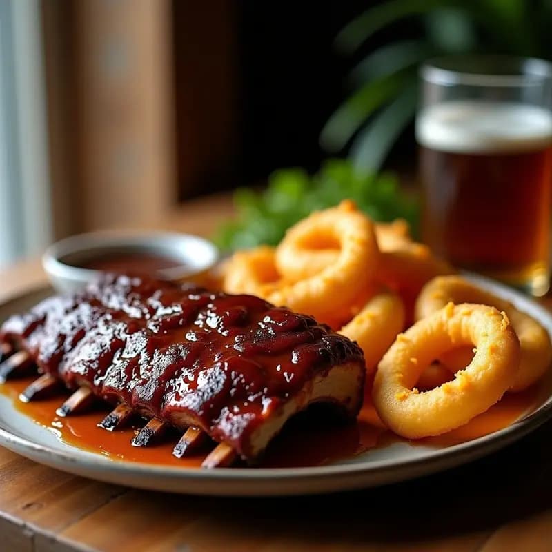 Costillas Glaseadas con Barbacoa, Miel y Whisky con Aros de Cebolla Fritos: Menú para Carnívoros
